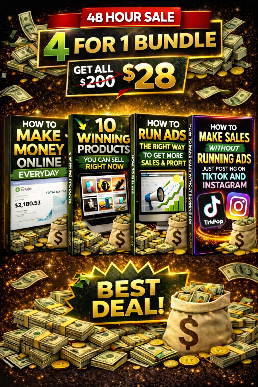 4/5-1 Bundle Deal  +Make Money Online Guide +Proven Products Guide  + How To Run Ads Guide  + Make Sales Organically Guide